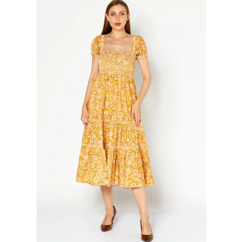 OPT Daphne Dress Smocked Midi Dress size Small Bohemian Prairie Summer Spring